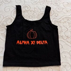 Black Baby Tee Tank Top with Orange Halloween Alpha Xi Delta Design,